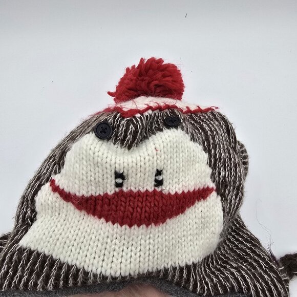 Sock Monkey Knit Winter Hat With Ear Flaps & Braided Tassels Red Brown Acrylic - Picture 2 of 5